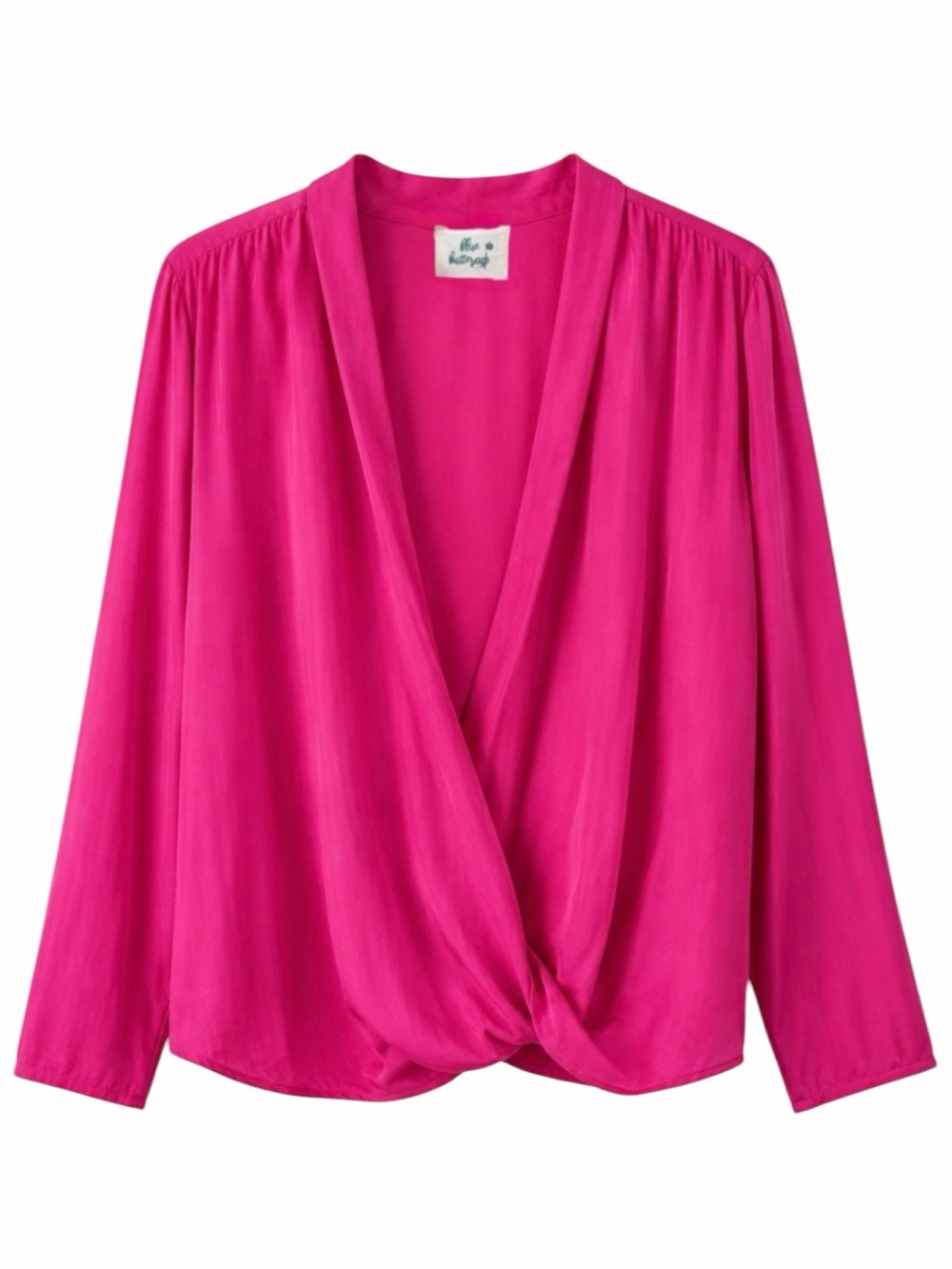 Blue Buttercup Hot Pink Satin Faux Wrap Front Blouse Long‎ Sleeve Medium
